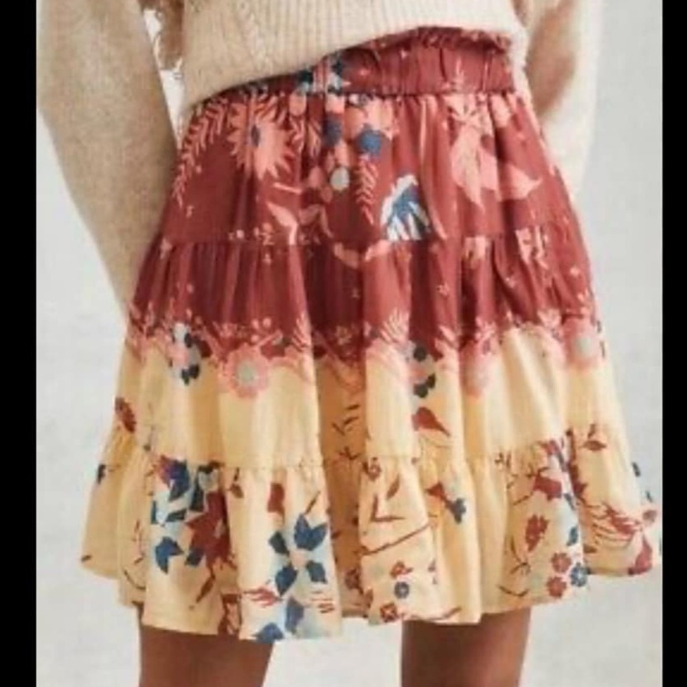 OTHILIA Floral Tiered Skater Skirt in Brown and Cream